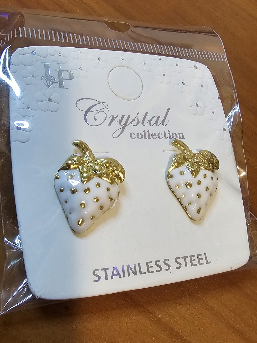 Gold & White Strawberry Stud Earrings - Stainless Steel